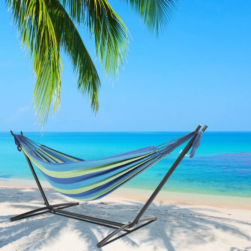 SUGIFT 9 ft Hammock Set, Black Steel Tube Hammock Frame, with 78.7 x 59 inches Polyester-Cotton Small Color Striped Hammock