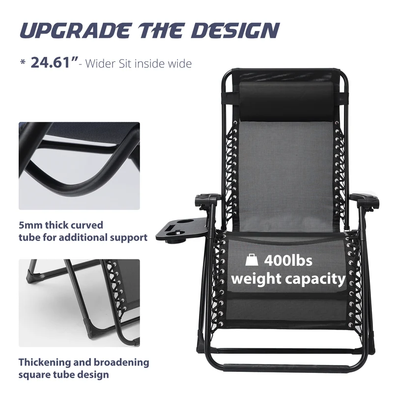 SUGIFT Zero Gravity Chair Leisure Terrace Folding Chair Black with Cup Holder
