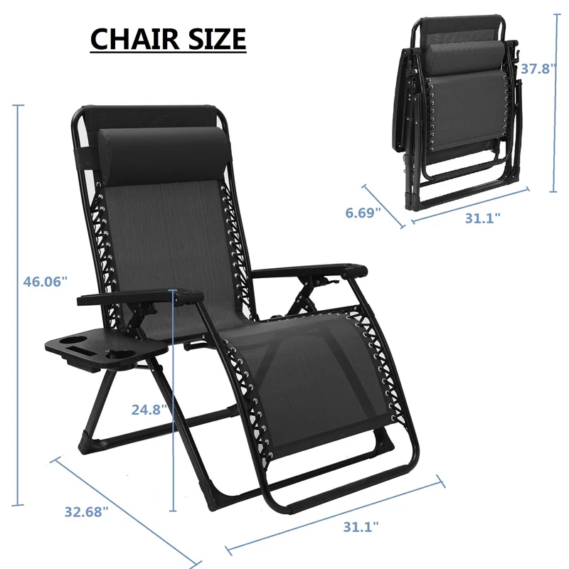 SUGIFT Zero Gravity Chair Leisure Terrace Folding Chair Black with Cup Holder