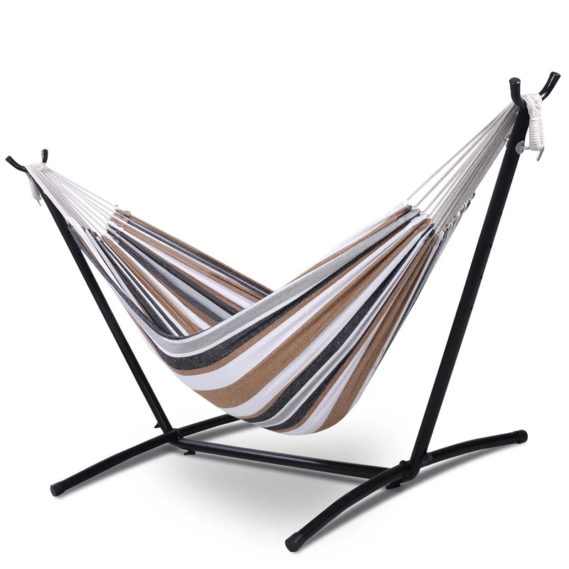 SUGIFT 2-Person Brazilian-Style Cotton Double Hammock Bed with Carrying Bag, Steel Stand, Desert Stripes