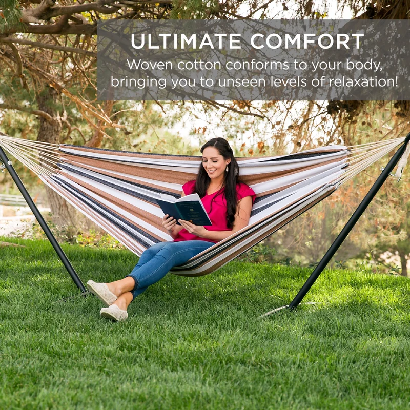 SUGIFT 2-Person Brazilian-Style Cotton Double Hammock Bed with Carrying Bag, Steel Stand, Desert Stripes