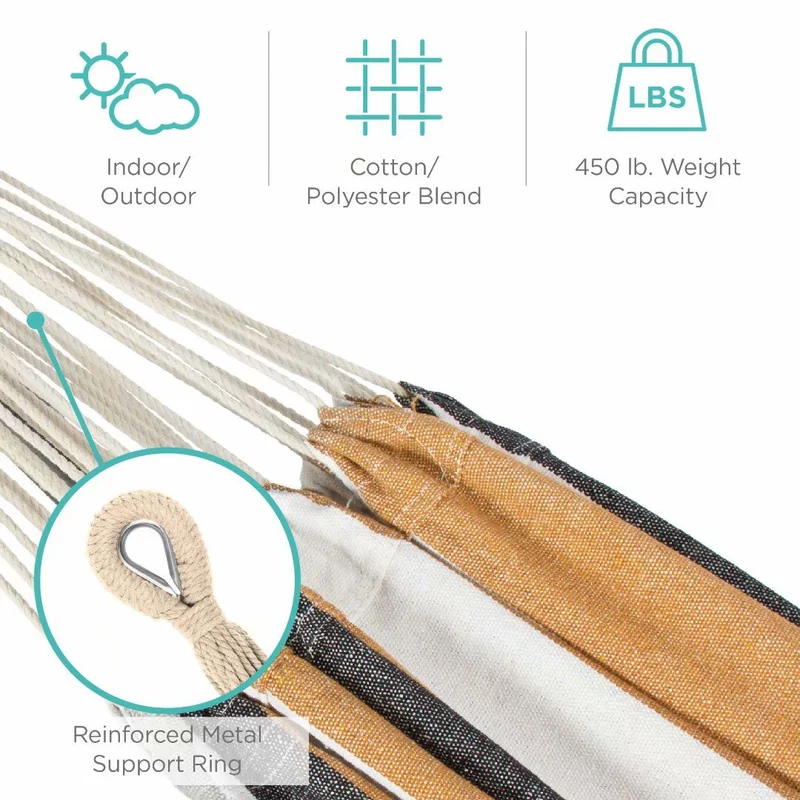 SUGIFT 2-Person Brazilian-Style Cotton Double Hammock Bed with Carrying Bag, Steel Stand, Desert Stripes
