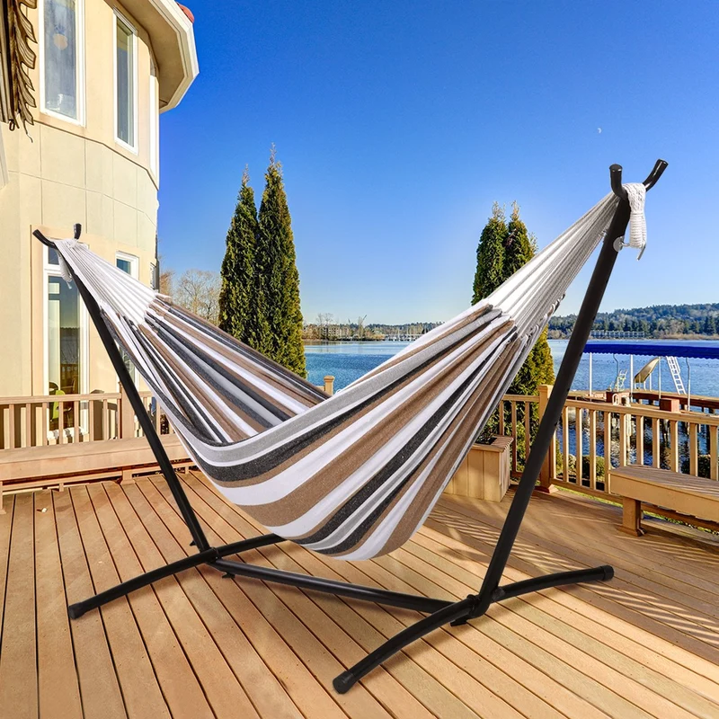 SUGIFT 2-Person Brazilian-Style Cotton Double Hammock Bed with Carrying Bag, Steel Stand, Desert Stripes