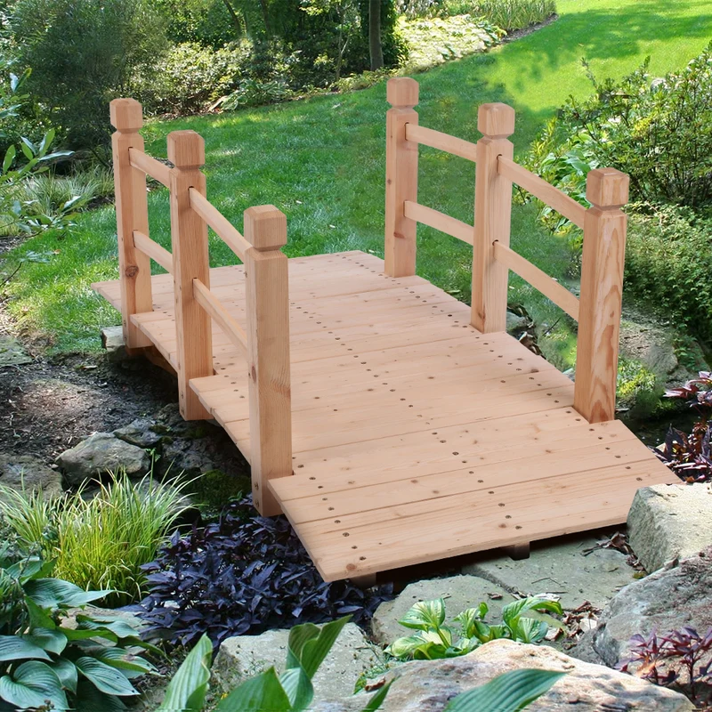 SUGIFT Courtyard Landscape Bridge, 5 feet Outdoor Arched Bridge, Natural Wood Color