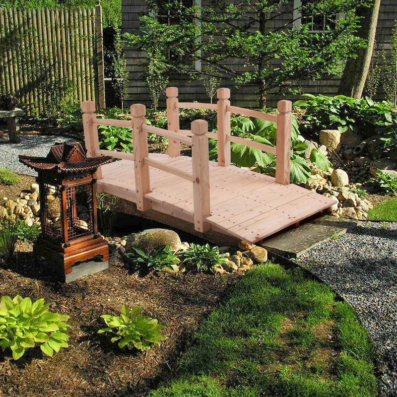 SUGIFT Courtyard Landscape Bridge, 5 feet Outdoor Arched Bridge, Natural Wood Color