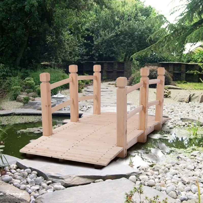 SUGIFT Courtyard Landscape Bridge, 5 feet Outdoor Arched Bridge, Natural Wood Color