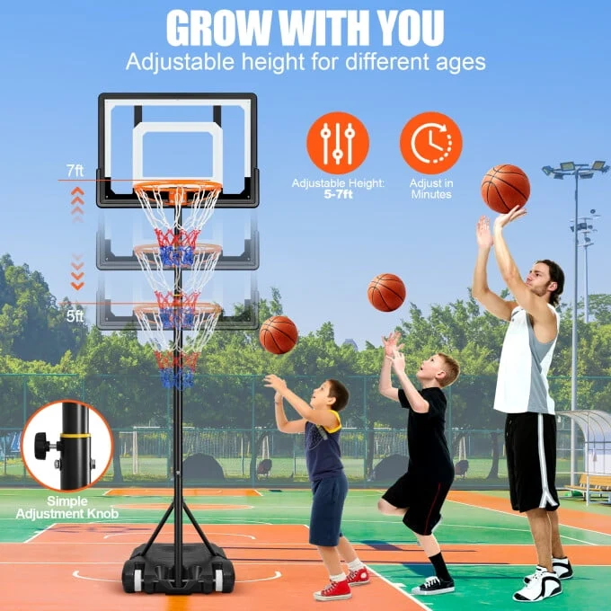 HONGGE Kids Basketball Hoop Outdoor 5-7ft Adjustable, Portable Basketball Hoops & Goals for Kids/Teenagers/Youth in Backyard/Driveway/Indoor, with 32 Inch Shatterproof Backboard and Larger Base