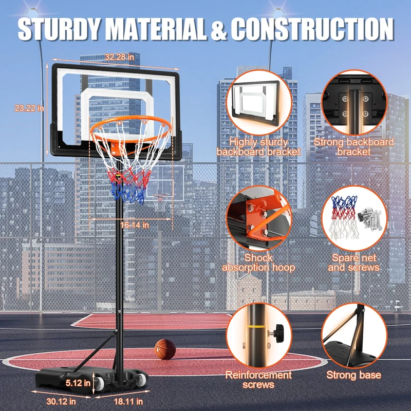 HONGGE Kids Basketball Hoop Outdoor 5-7ft Adjustable, Portable Basketball Hoops & Goals for Kids/Teenagers/Youth in Backyard/Driveway/Indoor, with 32 Inch Shatterproof Backboard and Larger Base