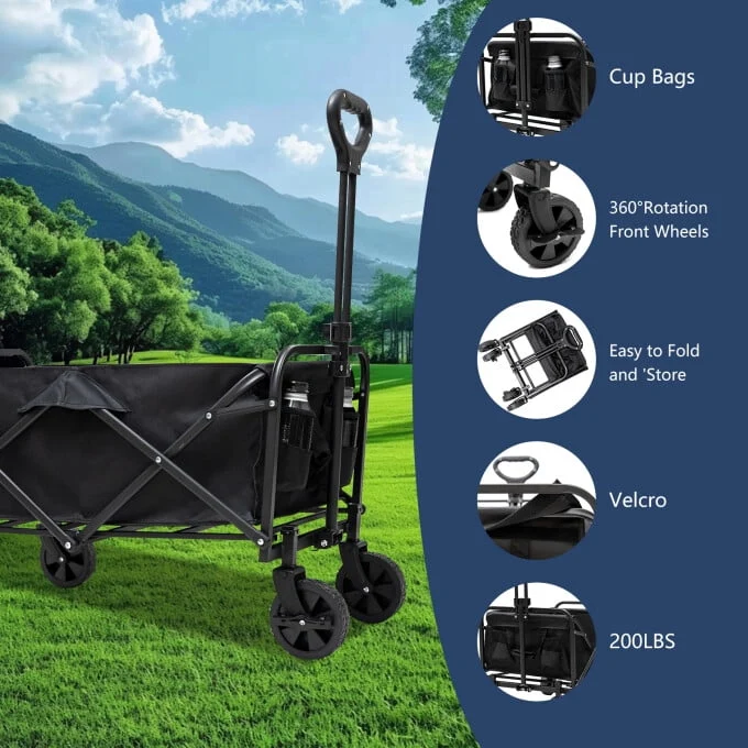 SUGIFT Small Wagons Carts Foldable Collapsible Grocery Wagon Cart on Wheels, Black
