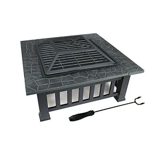 SUGIFT 32" Outdoor Fire Pit Square Metal Firepit Backyard Patio Garden Stove Wood Burning Fire Pit W/Rain Cover, Black