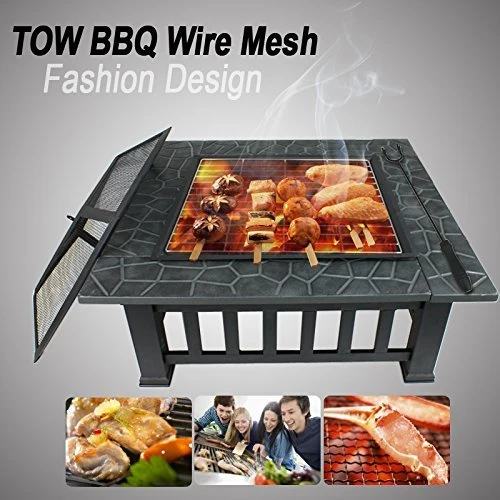 SUGIFT 32" Outdoor Fire Pit Square Metal Firepit Backyard Patio Garden Stove Wood Burning Fire Pit W/Rain Cover, Black