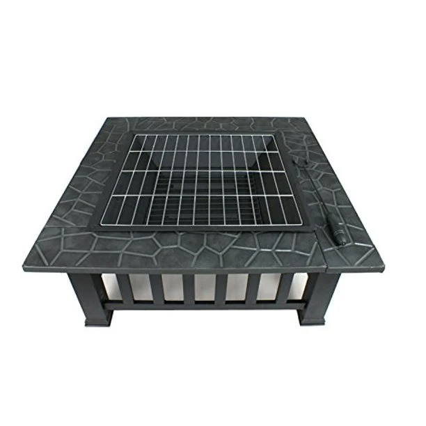 SUGIFT 32" Outdoor Fire Pit Square Metal Firepit Backyard Patio Garden Stove Wood Burning Fire Pit W/Rain Cover, Black