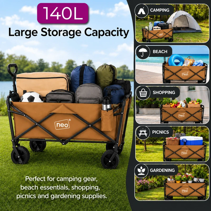 Neo Khaki Folding Wagon Garden Cart 138L 120kg