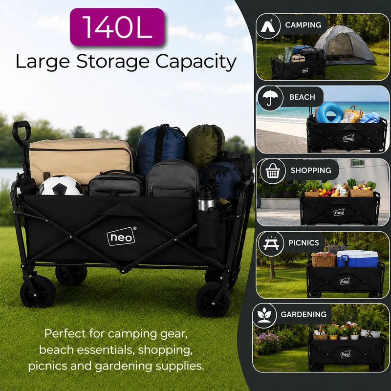 Neo Black Folding Wagon Garden Cart 138L 120kg