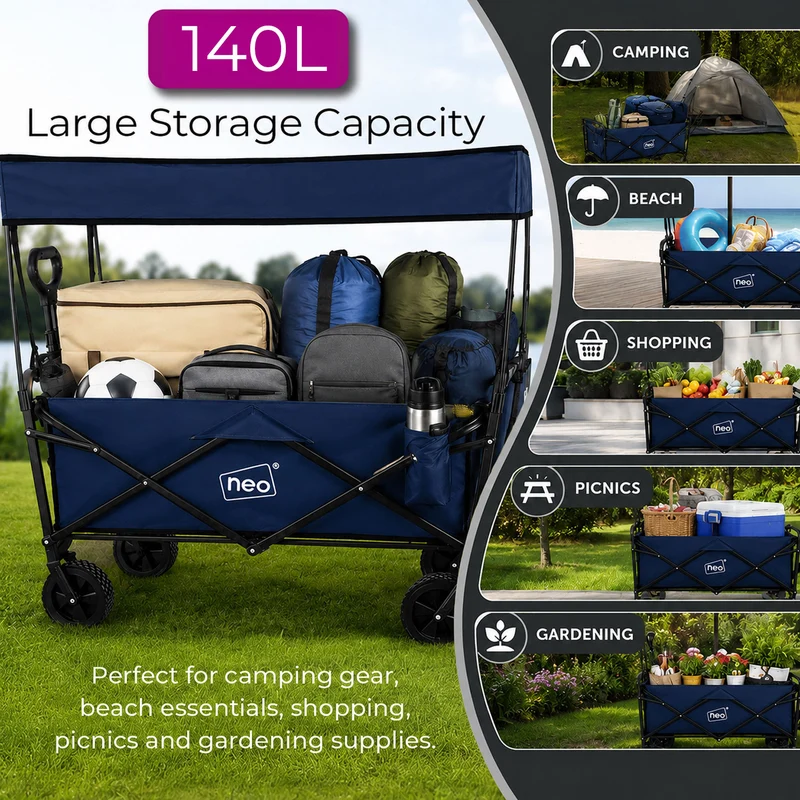 Neo Navy Blue Folding Wagon Canopy Garden Cart 138L 120kg