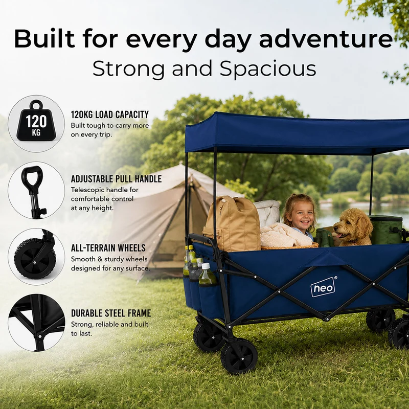 Neo Navy Blue Folding Wagon Canopy Garden Cart 138L 120kg