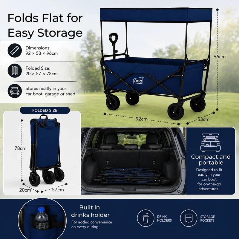 Neo Navy Blue Folding Wagon Canopy Garden Cart 138L 120kg