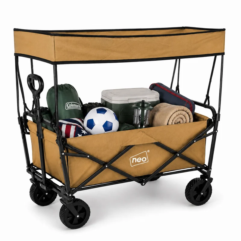 Neo Khaki Folding Wagon Canopy Garden Cart 138L 120kg