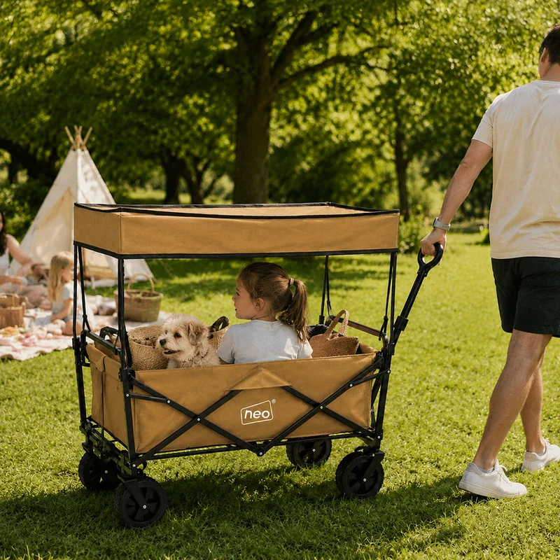 Neo Khaki Folding Wagon Canopy Garden Cart 138L 120kg