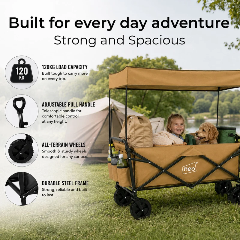 Neo Khaki Folding Wagon Canopy Garden Cart 138L 120kg