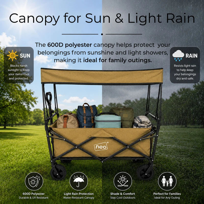 Neo Khaki Folding Wagon Canopy Garden Cart 138L 120kg