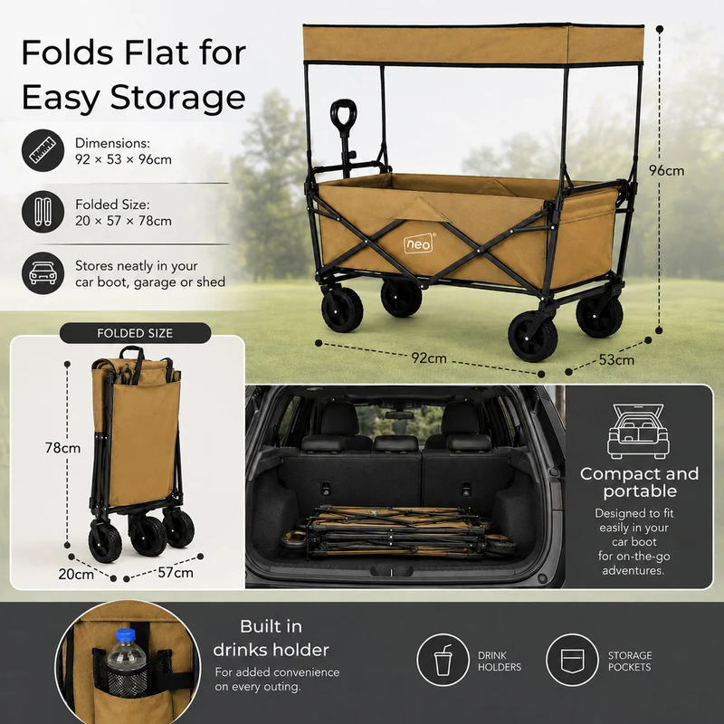 Neo Khaki Folding Wagon Canopy Garden Cart 138L 120kg