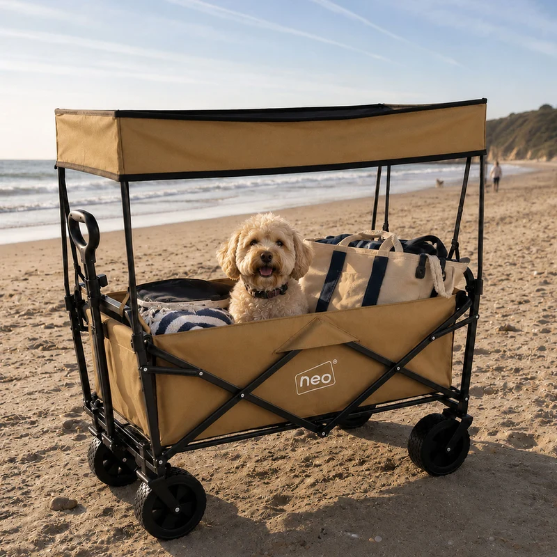 Neo Khaki Folding Wagon Canopy Garden Cart 138L 120kg