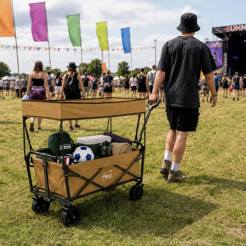 Neo Khaki Folding Wagon Canopy Garden Cart 138L 120kg