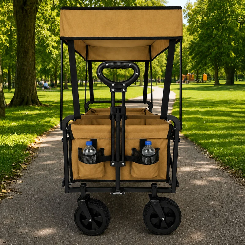 Neo Khaki Folding Wagon Canopy Garden Cart 138L 120kg