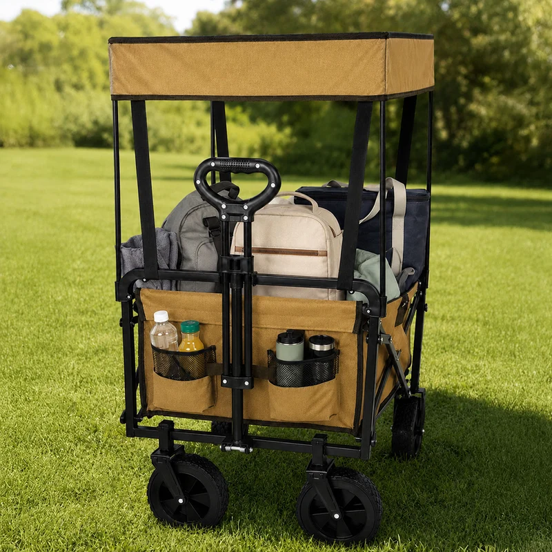 Neo Khaki Folding Wagon Canopy Garden Cart 138L 120kg