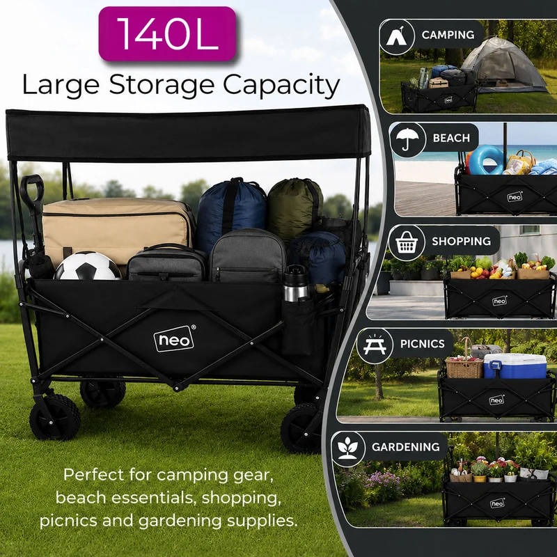 Neo Black Folding Wagon Canopy Garden Cart 138L 120kg