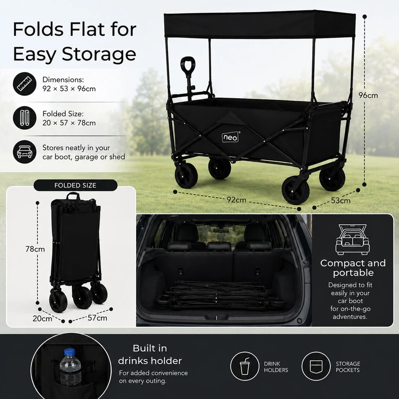 Neo Black Folding Wagon Canopy Garden Cart 138L 120kg