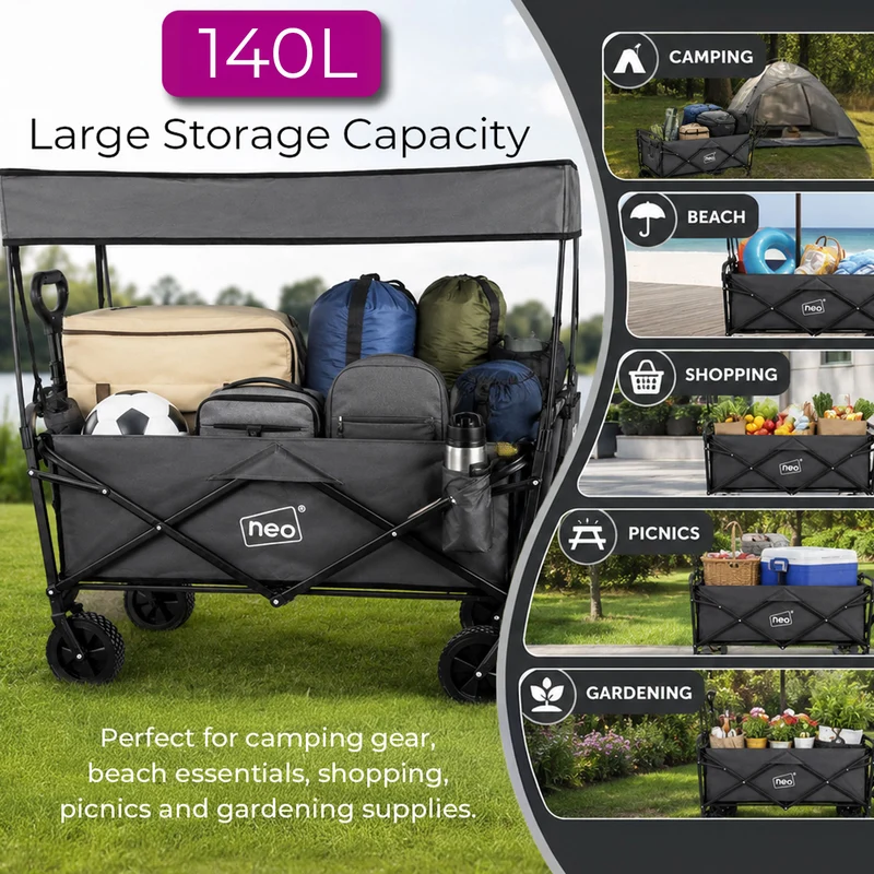 Neo Grey Folding Wagon Canopy Garden Cart 138L 120kg