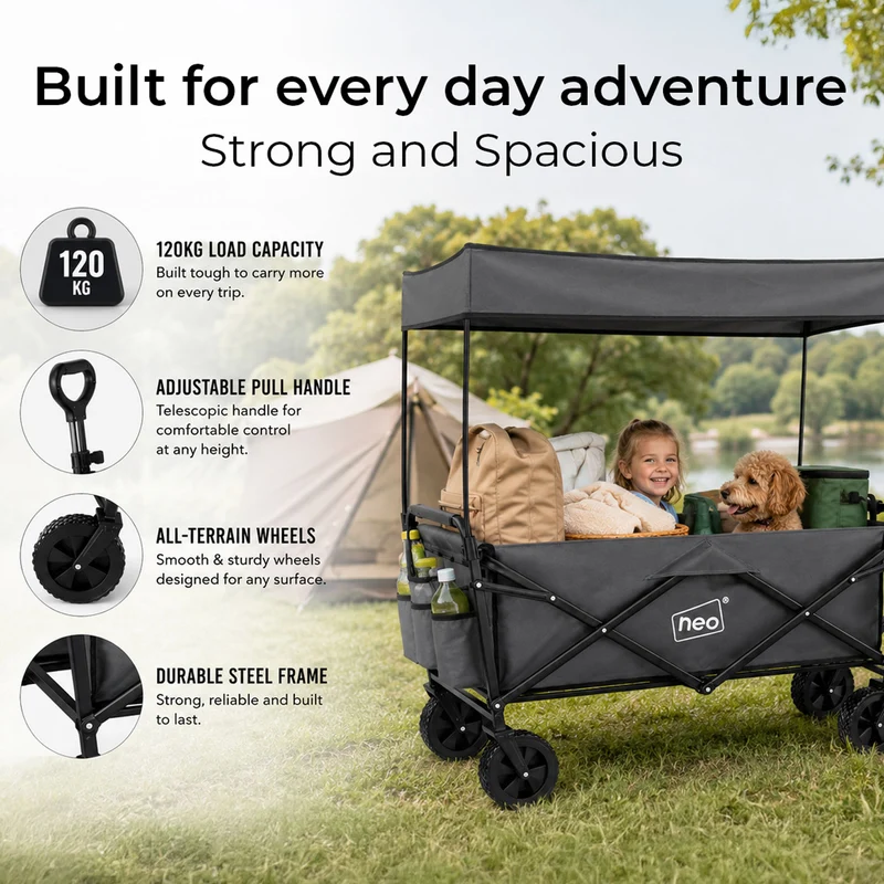 Neo Grey Folding Wagon Canopy Garden Cart 138L 120kg