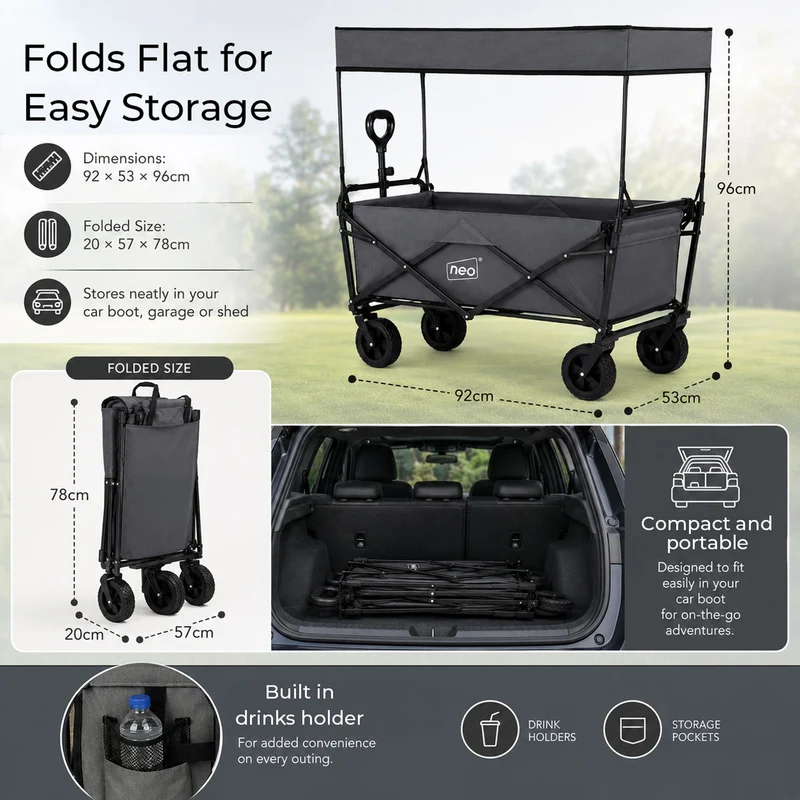 Neo Grey Folding Wagon Canopy Garden Cart 138L 120kg