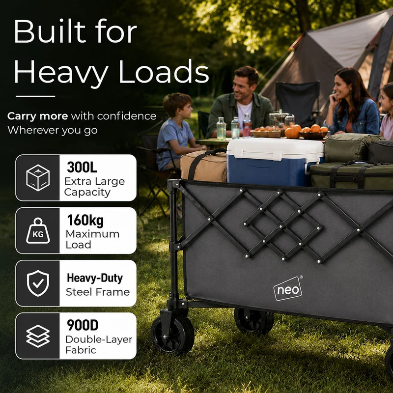 Neo Grey Heavy Duty Folding Wagon Cart 300L Adjustable Handle