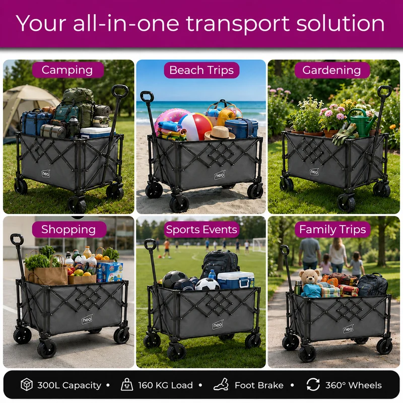 Neo Grey Heavy Duty Folding Wagon Cart 300L Adjustable Handle
