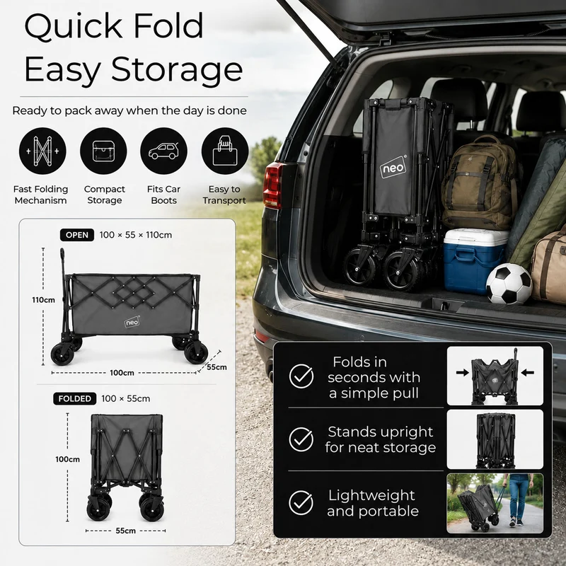 Neo Grey Heavy Duty Folding Wagon Cart 300L Adjustable Handle