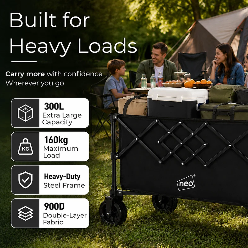 Neo Black Heavy Duty Folding Wagon Cart 300L Adjustable Handle