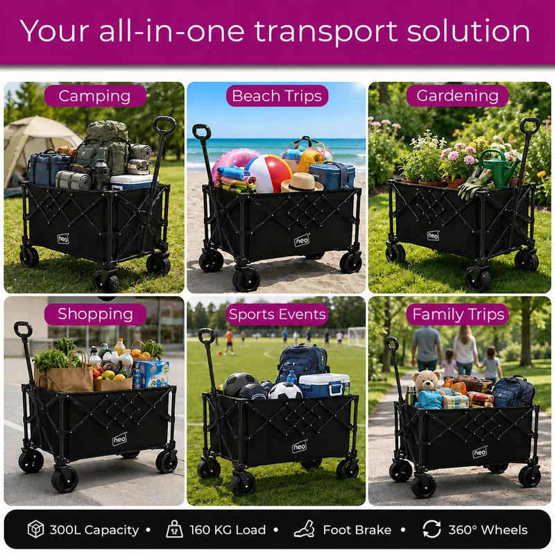 Neo Black Heavy Duty Folding Wagon Cart 300L Adjustable Handle