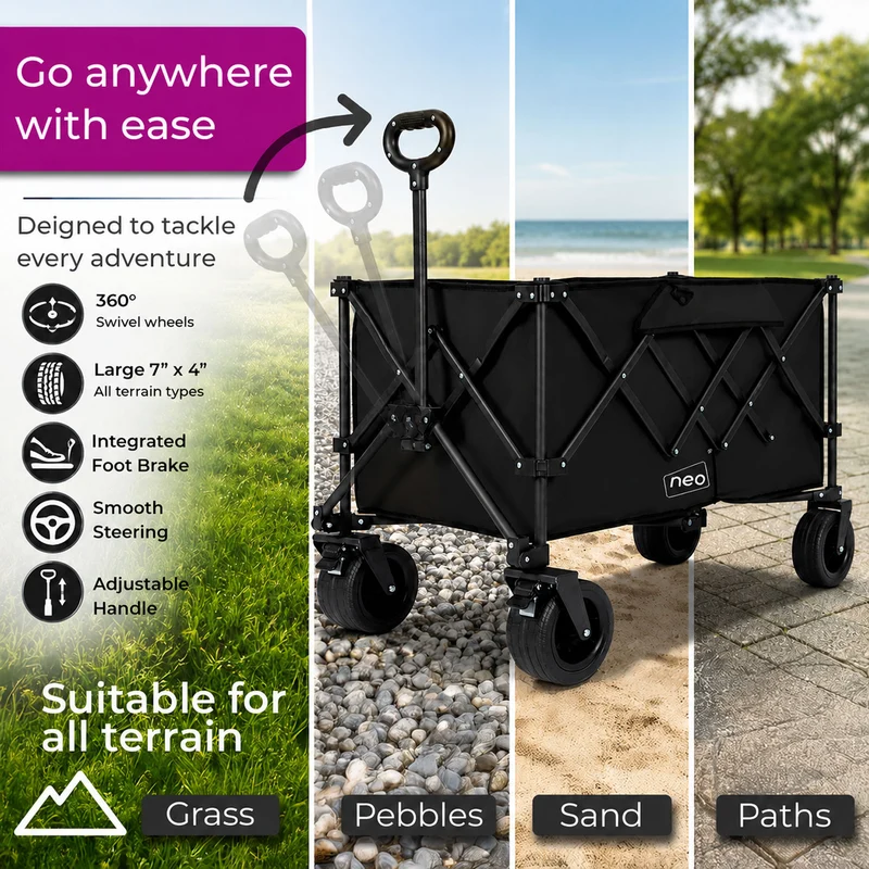 Neo Black Heavy Duty Folding Wagon Cart 300L Adjustable Handle