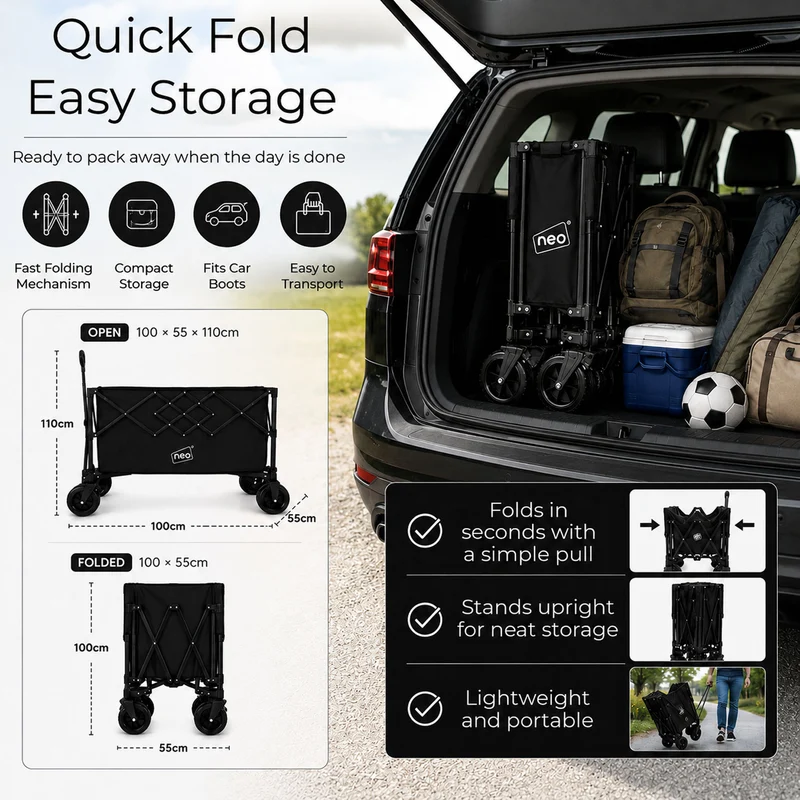 Neo Black Heavy Duty Folding Wagon Cart 300L Adjustable Handle