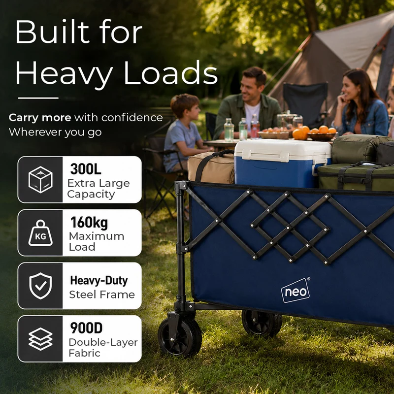 Neo Navy Blue Heavy Duty Folding Wagon Cart 300L Adjustable Handle