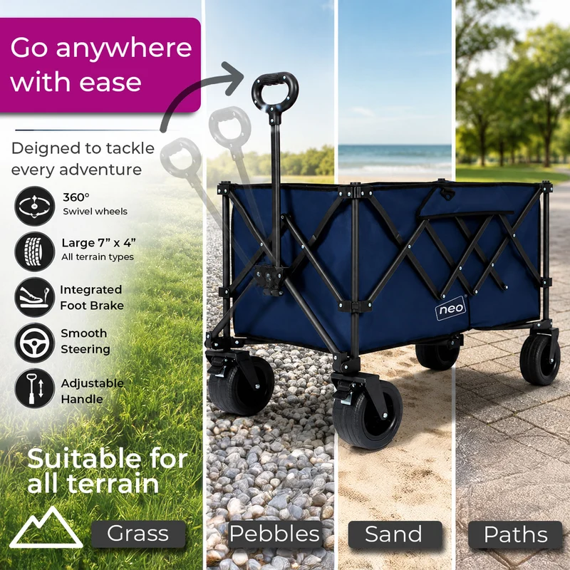 Neo Navy Blue Heavy Duty Folding Wagon Cart 300L Adjustable Handle