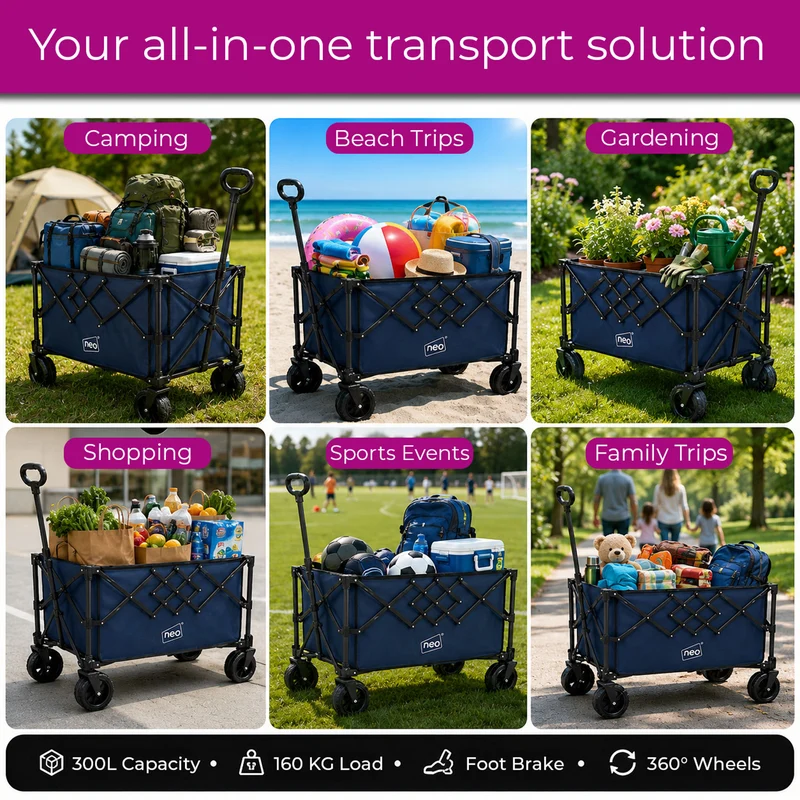 Neo Navy Blue Heavy Duty Folding Wagon Cart 300L Adjustable Handle