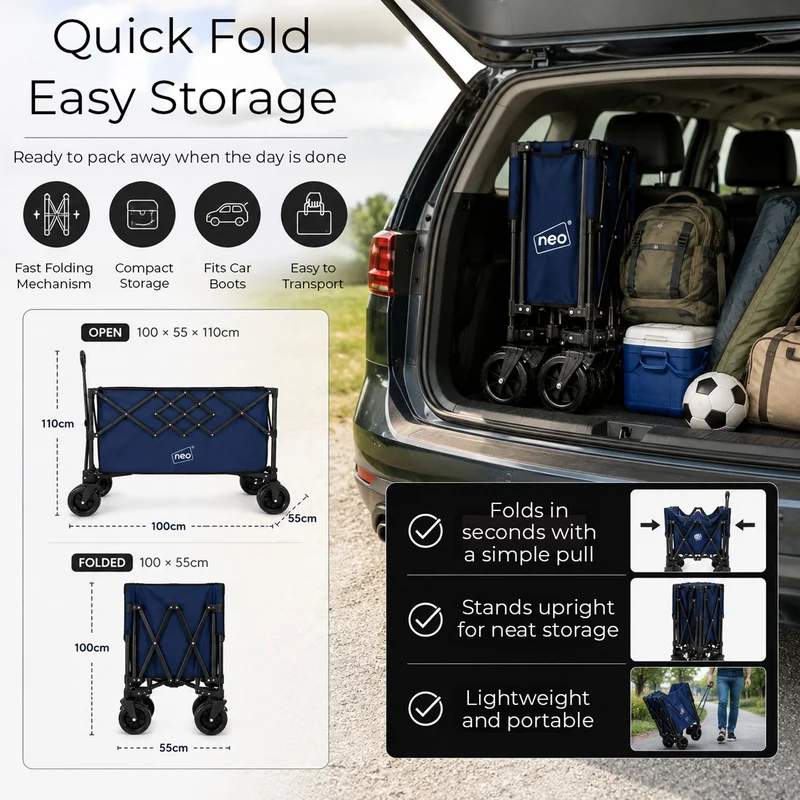 Neo Navy Blue Heavy Duty Folding Wagon Cart 300L Adjustable Handle