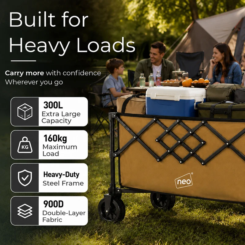 Neo Khaki Heavy Duty Folding Wagon Cart 300L Adjustable Handle