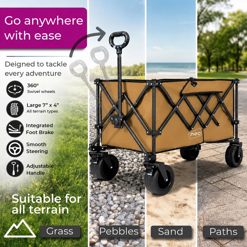 Neo Khaki Heavy Duty Folding Wagon Cart 300L Adjustable Handle
