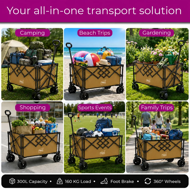 Neo Khaki Heavy Duty Folding Wagon Cart 300L Adjustable Handle