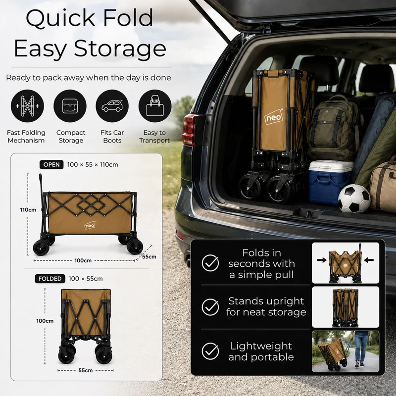 Neo Khaki Heavy Duty Folding Wagon Cart 300L Adjustable Handle